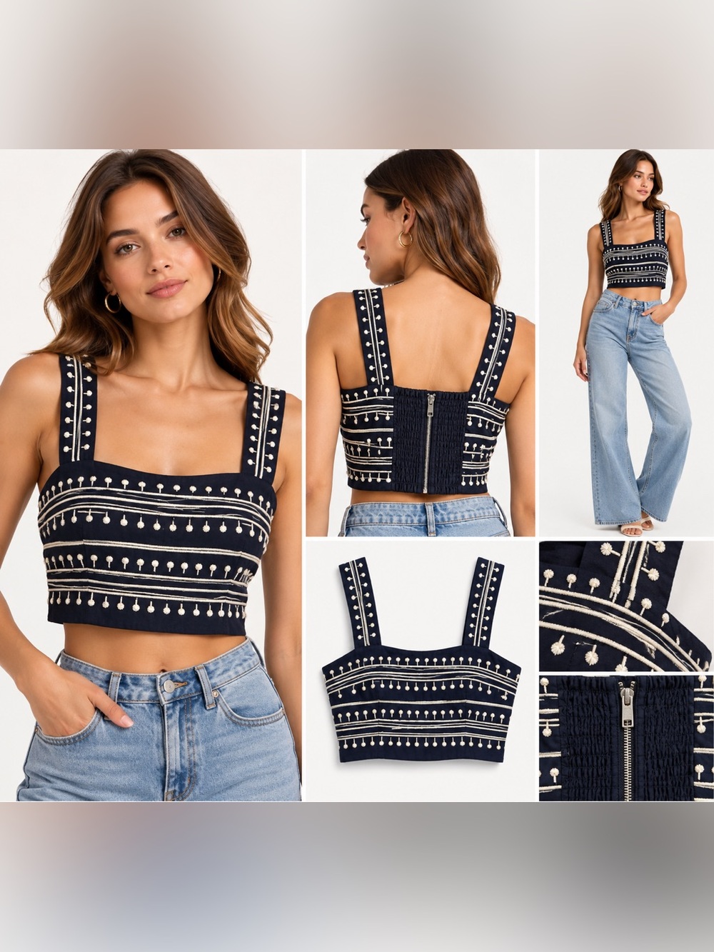 Avec Les Filles Navy Embroidered Crop Top NWT Size L